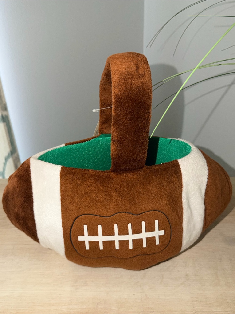 Plush Football Basket with Handle - Brown & White